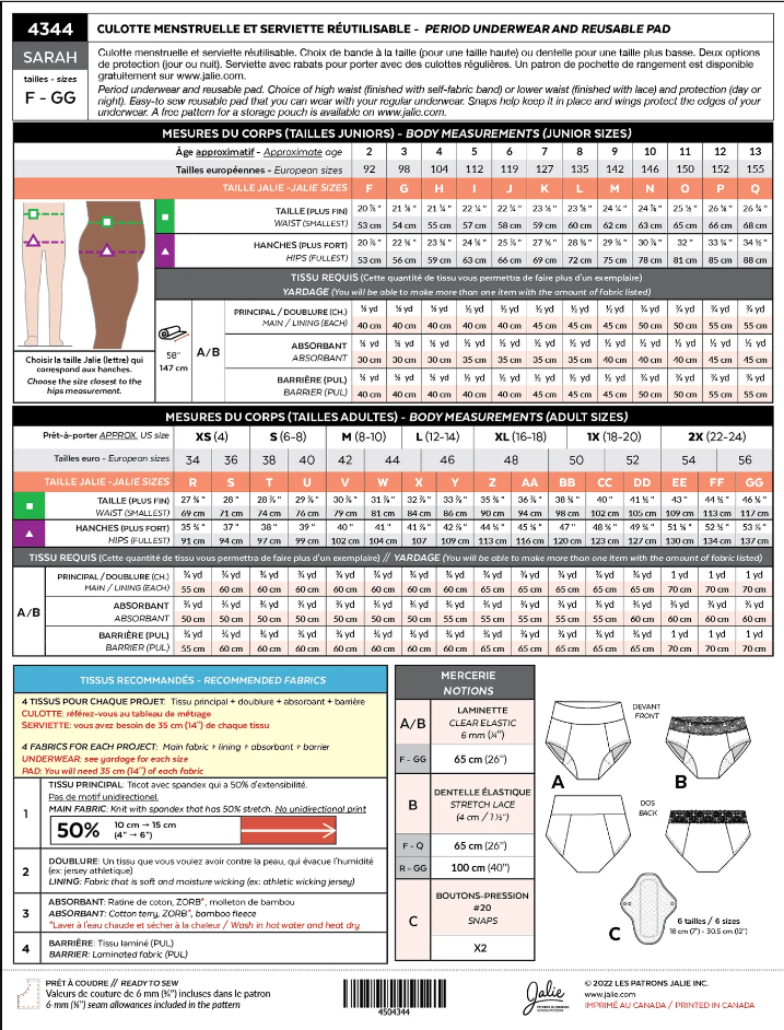 Patron Jalie 4344 - Culotte menstruelle et serviettes réutilisables