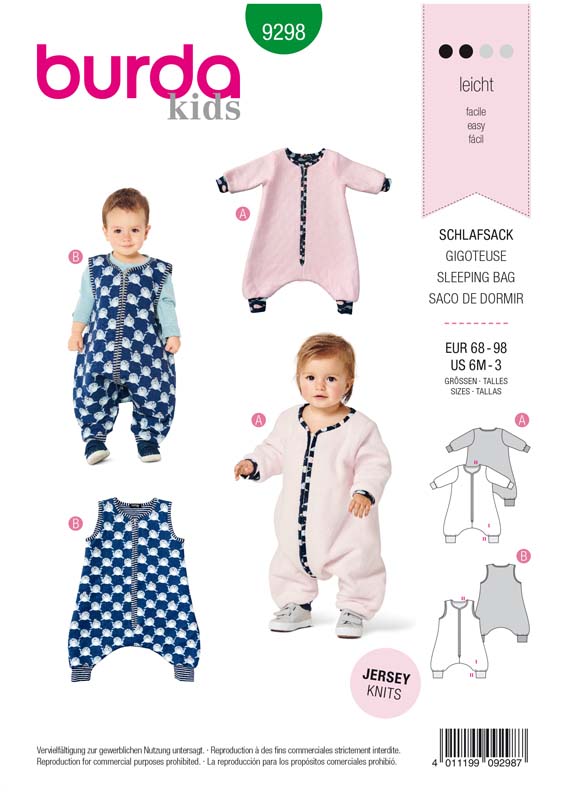 Patron Burda 9298 Combinaison-Gigoteuse bébé avec des jambes - de 6 à 36 mois