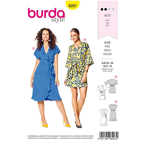 Patron Burda 6207 Robe kimono portefeuille arrondie et volantée avec ceinture nœud ruban - du 36 au 46