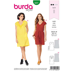 Patron Burda 6221 Robe trapèze sans manche encolure en V avec ou sans volant - du 36 au 46