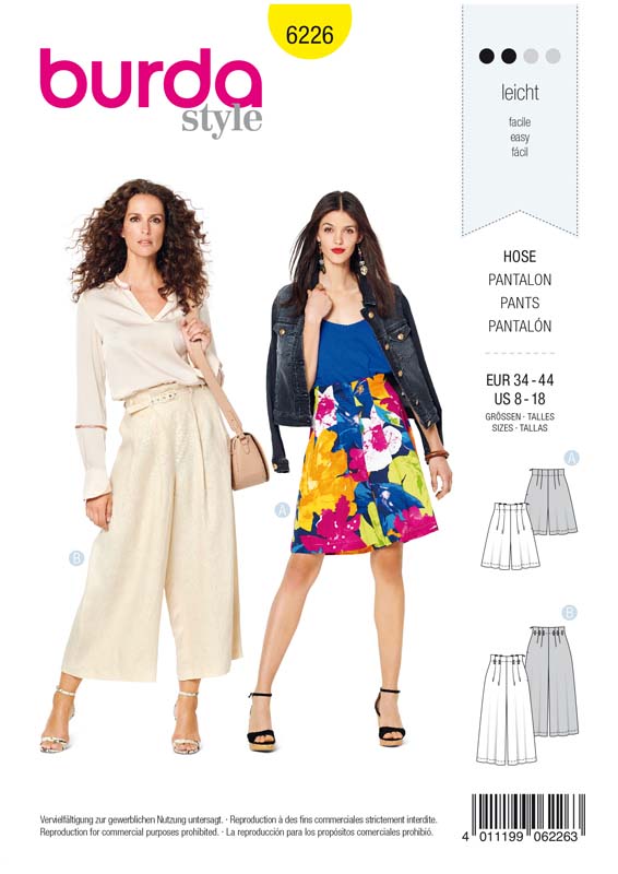 Patron Burda 6226 Bermuda femme ou pantalon façon jupe-culotte taille haute - du 36 au 46