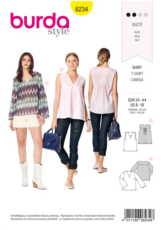 Patron Burda 6234 Blouse femme encolure en V avec ou sans manches longues - du 36 au 46