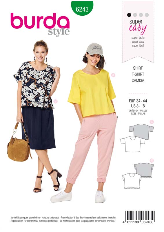Patron Burda 6243 Tee-Shirt  femme carré, avec ou sans volants - du 36 au 46