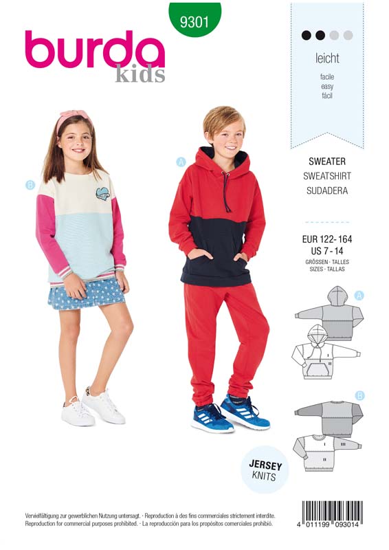 Patron Burda 9301 Sweat-shirt – hoodie enfant avec ou sans capuche - de 7 à 14/16 ans