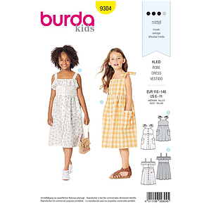 Patron Burda 9304 Robes chemise fille à bretelles & col bardot - de 6 à 11 ans