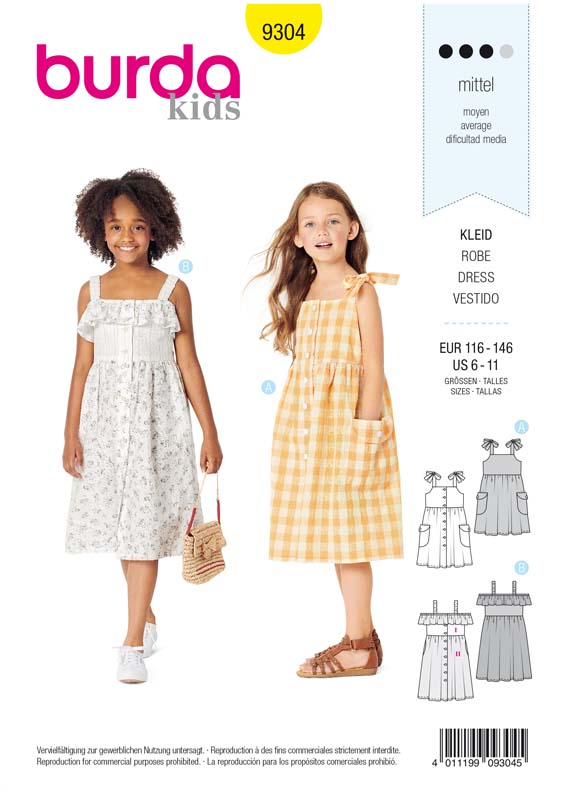 Patron Burda 9304 Robes chemise fille à bretelles &amp; col bardot - de 6 à 11 ans