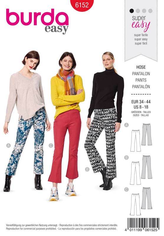 Patron Burda 6152 Pantalon pattes d'éléphant avec ceinture et fermeture à glissière sur le côté - du 34 au 44