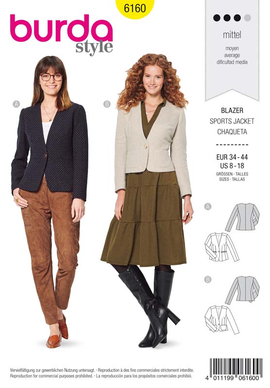 Patron Burda 6160 Veste blazer encolure en V - du 34 au 44
