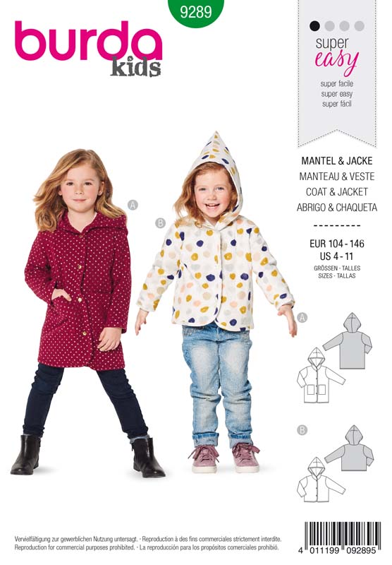 Patron Burda 9289 Manteau veste capuche - de 4 à 11 ans