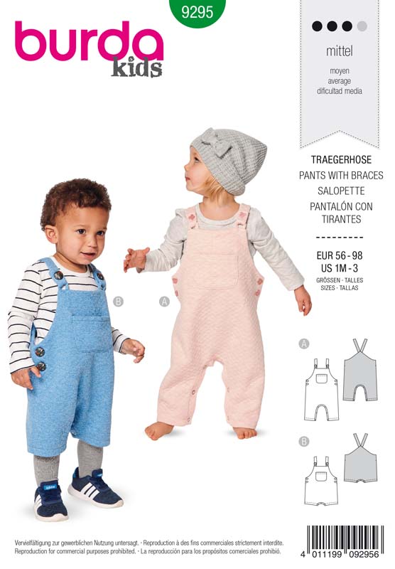 Patron Burda 9295 Salopette bébé short à bretelles - du 56 au 98