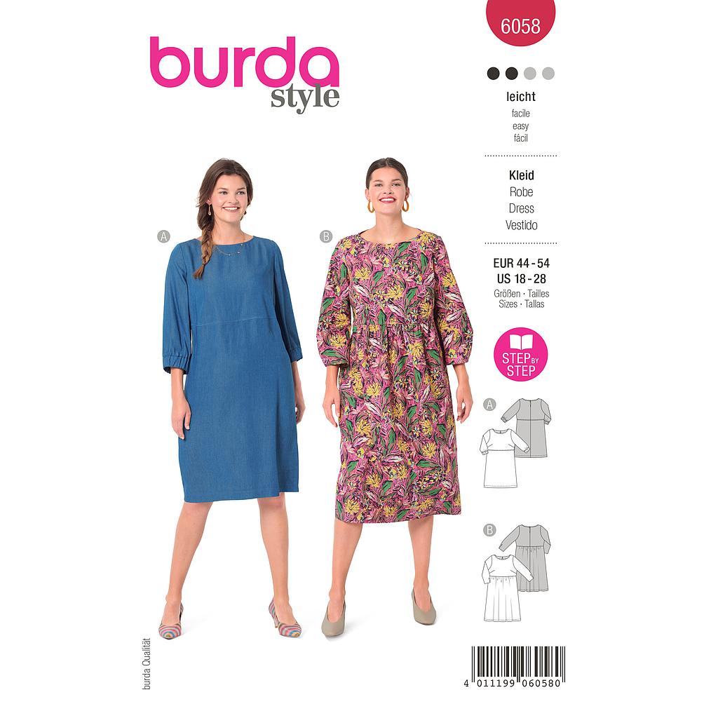 Patron Burda 6058- Robe – tombé fluide – manches 3/4 du 46 au 56
