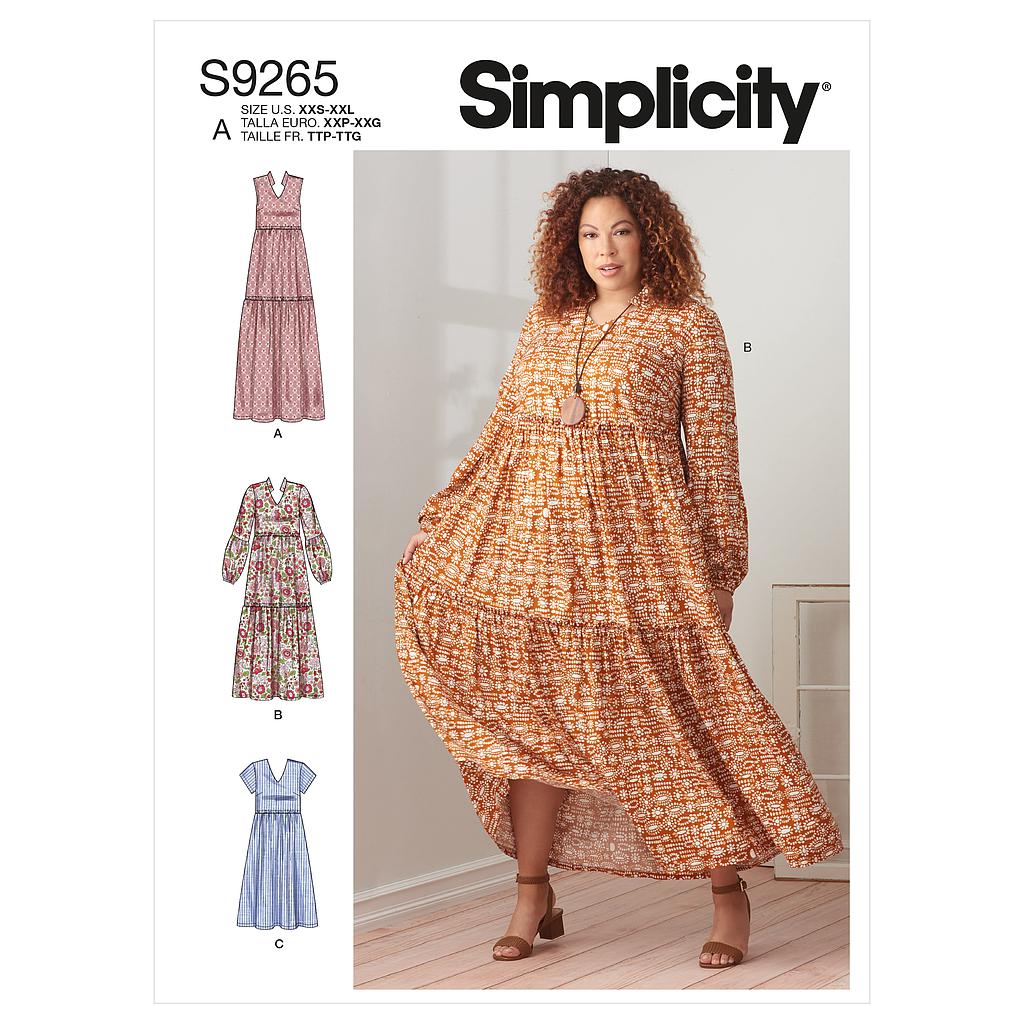 Patron Simplicity 9265 - Robe ample à étage, froncée sous- poitrine du 32 au 54 (FR)