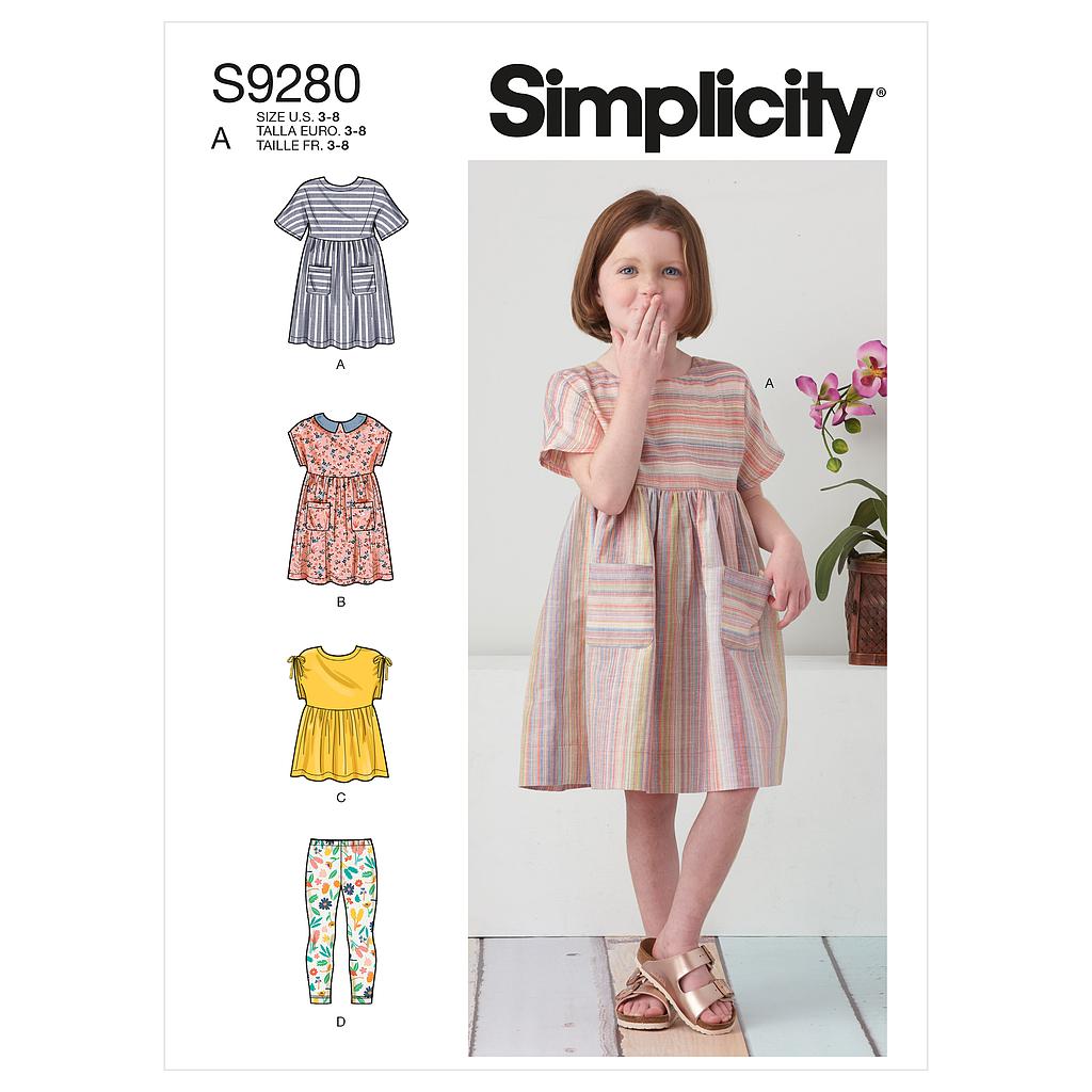 Patron Simplicity 9280.A - Ensemble Fille Top, Robe &amp; Legging de 3 à 8 ans (97 à 132 cm)