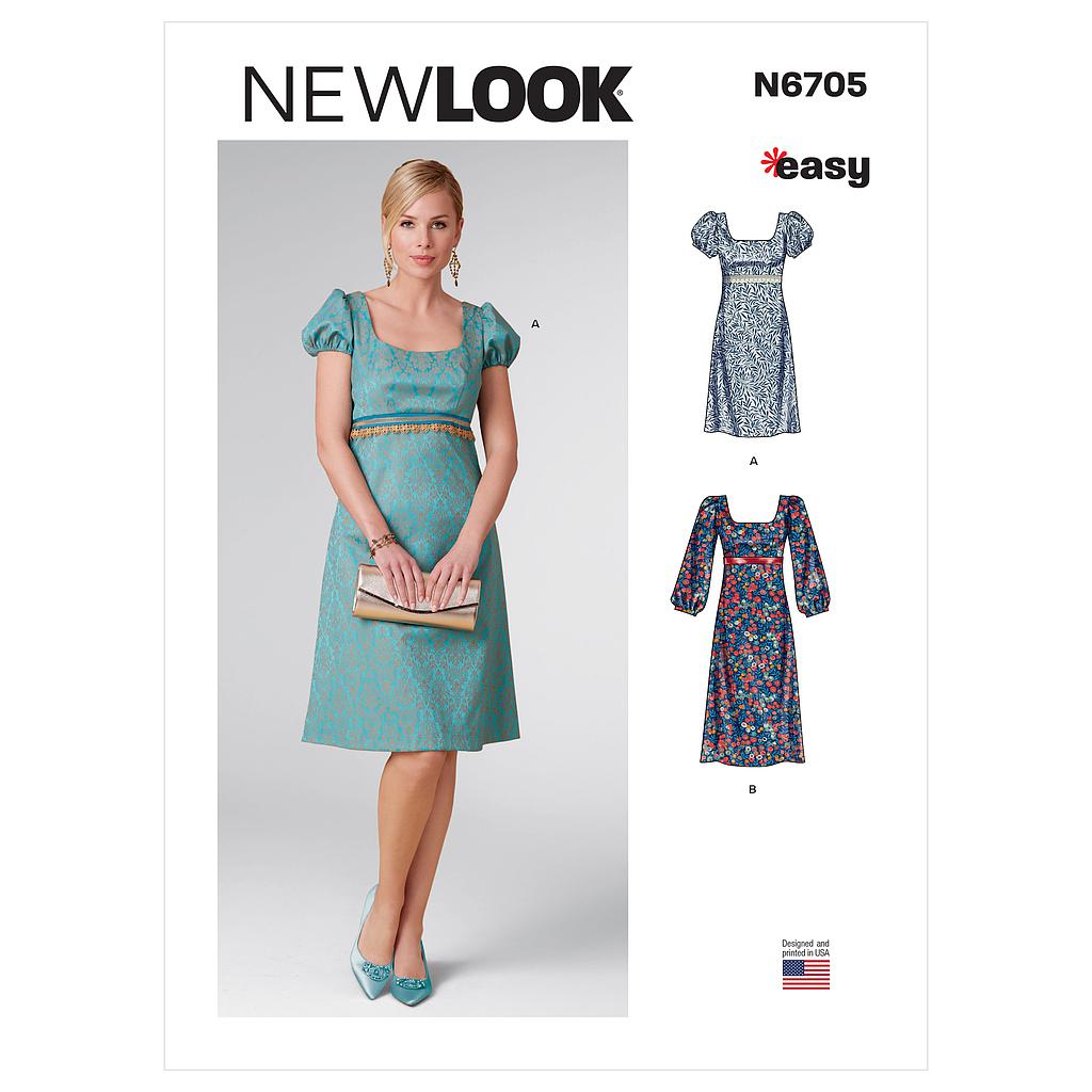 Patron New Look 6705 -  Robe avec taille empire, variations de longueurs et de manches du 34 au 46 (FR)