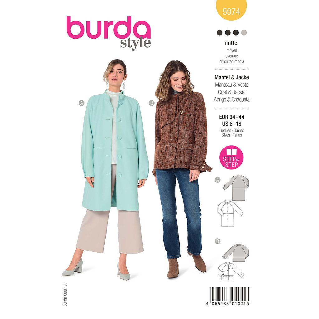 Patron Burda 5974 - Veste &amp; manteau à manches raglan et col droit du 36 au 46 (FR)