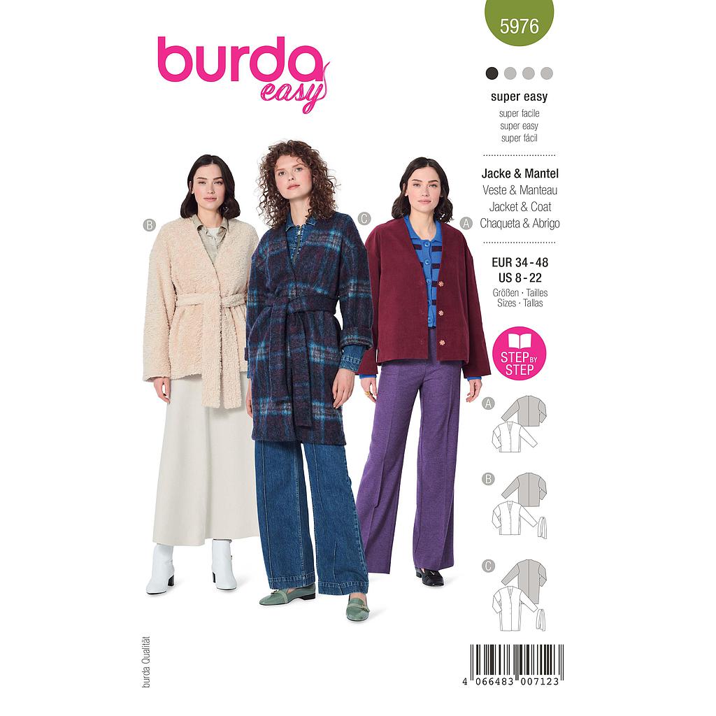 Patron Burda 5976 - Veste &amp; manteau dcontractés, sans col et avec encolure en V du 36 au 50 (FR)