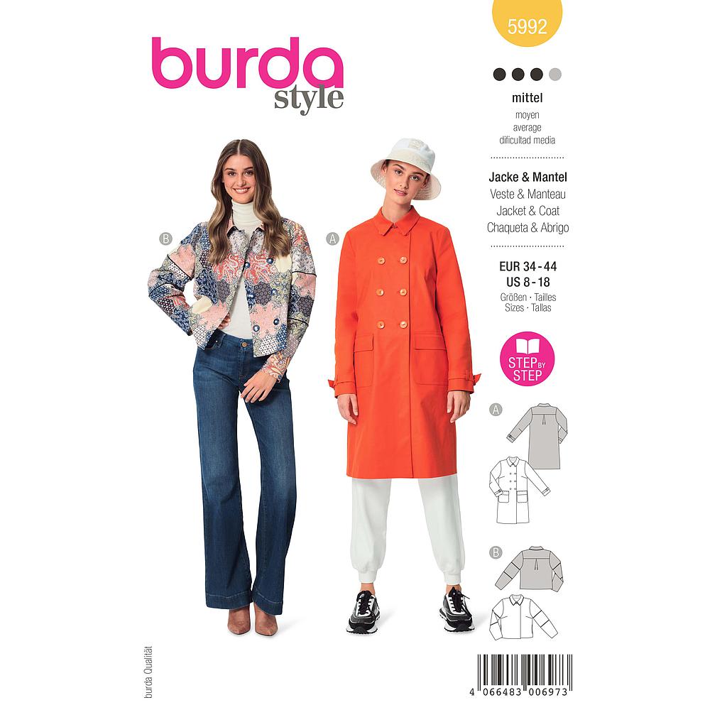 Patron Burda 5992 - Veste &amp;  manteau avec double rang de boutonnage du 36 au 46 (FR)