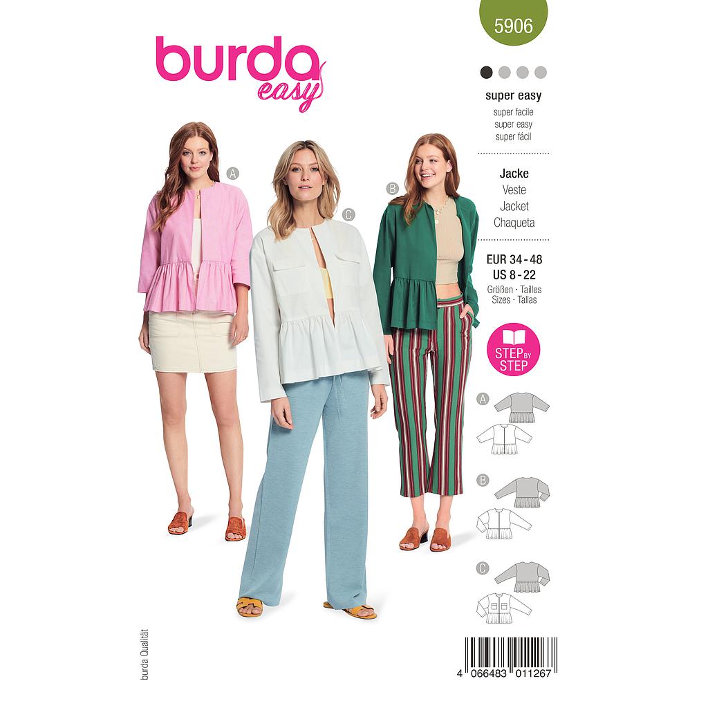 Patron Burda 5906 - Vestes épurées sans col du 34 au 48 (FR)