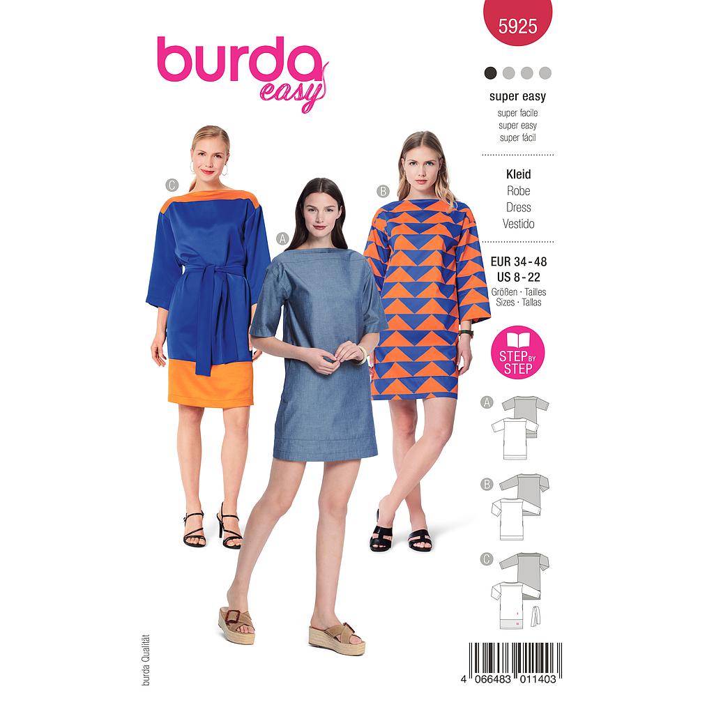 Patron Burda 5925 - Robes de coupe droite avec une encolure bateau du 34 au 48 (FR)