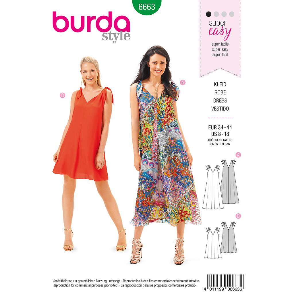 Patron Burda 6663 - Robe décolleté V et bretelles nouées - du 36 au 46 (FR)