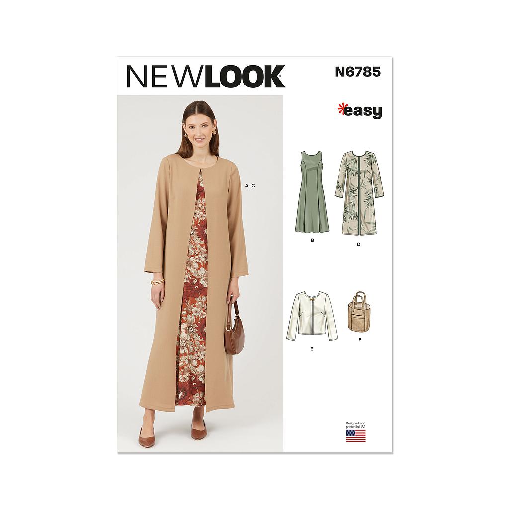 Patron New Look 6785 -  Robe et Manteau Chacun en Deux Longueurs, Veste et Sac pour Jeunes Femmes