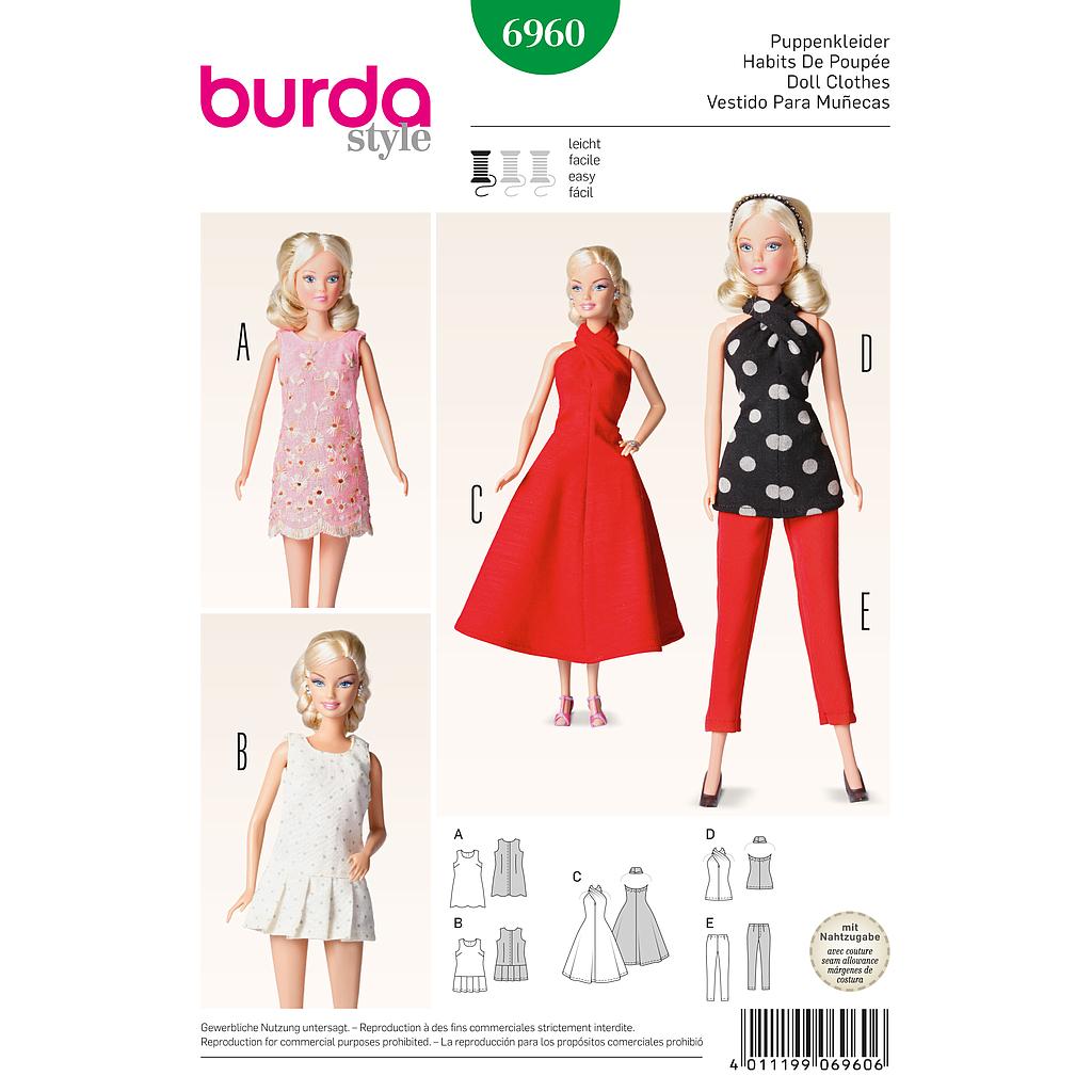 Patrón Nº6960 Burda Creativa: Vestidos para muñecas